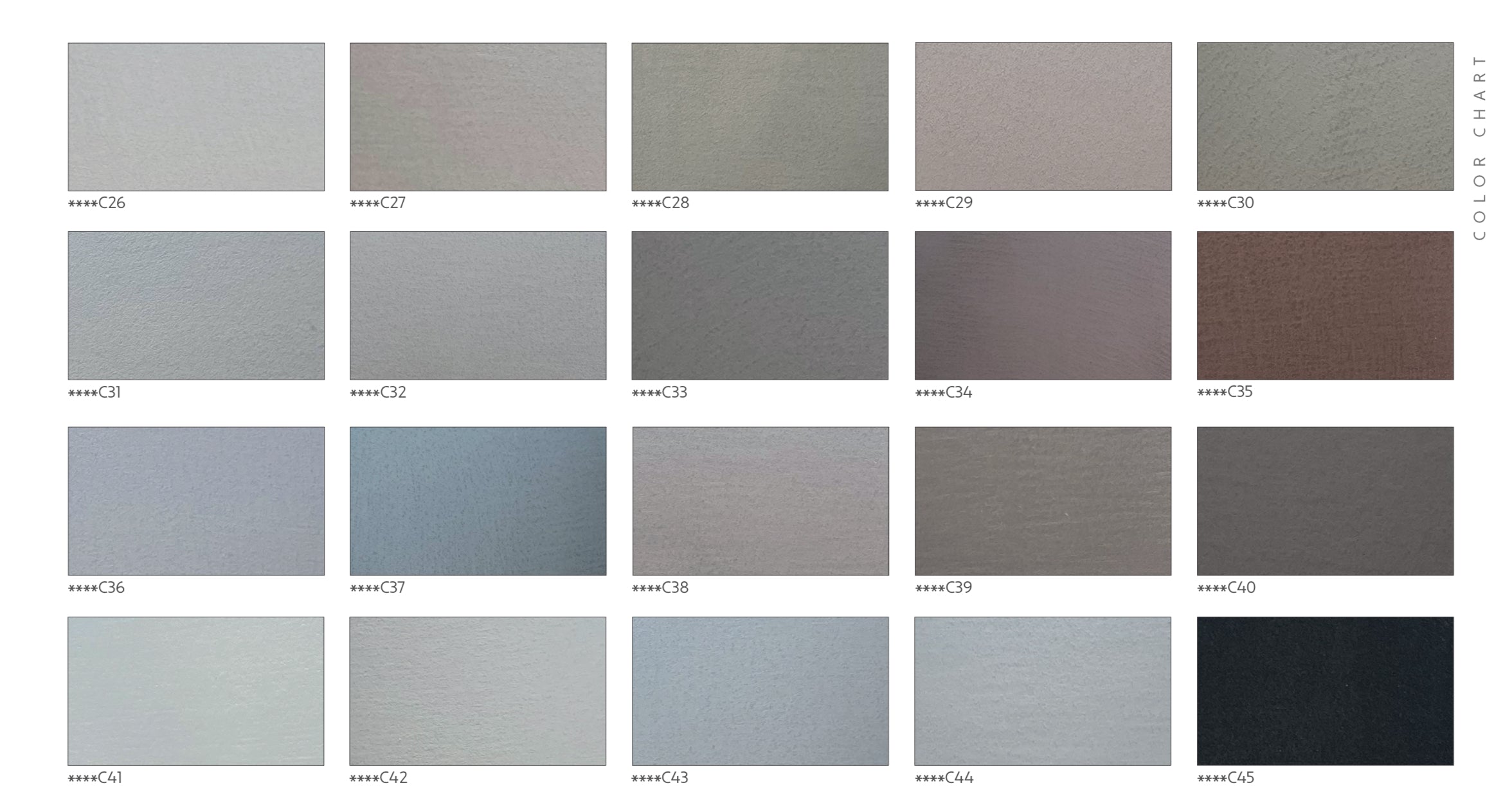 UENDELIG color chart showcasing various tones for decorative finishes in mikrosement and epoxy.