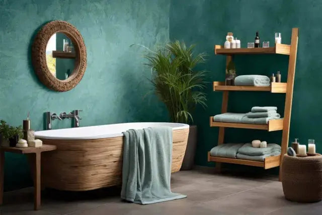 Moderne bad med mikrosement i varme naturtoner