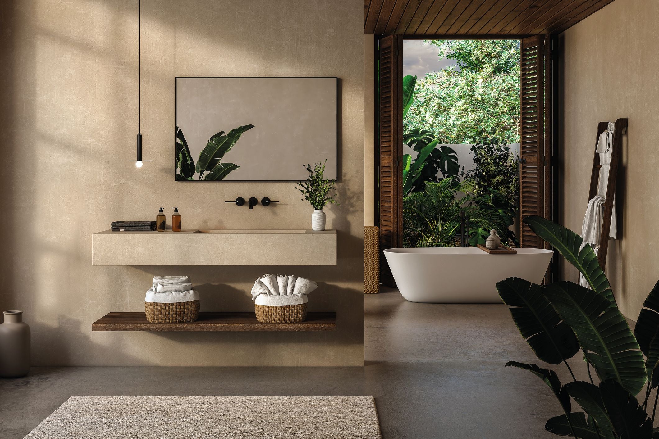 Stylish bathroom featuring Nordflo VOLARE decorative finish, mikrosement, and serene natural decor.