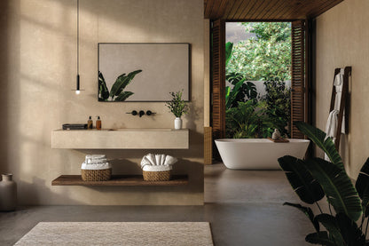 Stylish bathroom featuring Nordflo VOLARE decorative finish, mikrosement, and serene natural decor.
