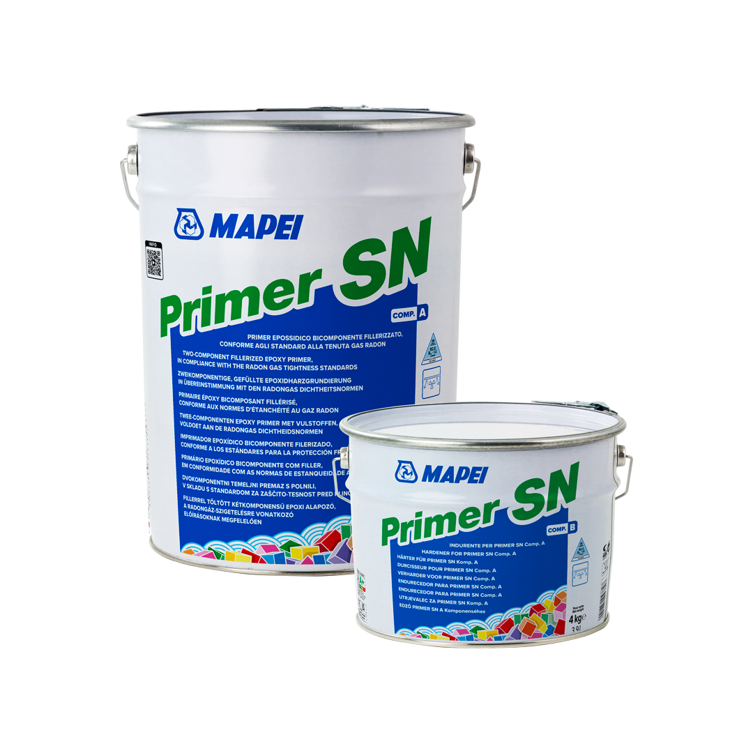 PRIMER SN – 2-komponent epoksygrunning i store og små bokser fra MAPEI, perfekt for betongbehandling.