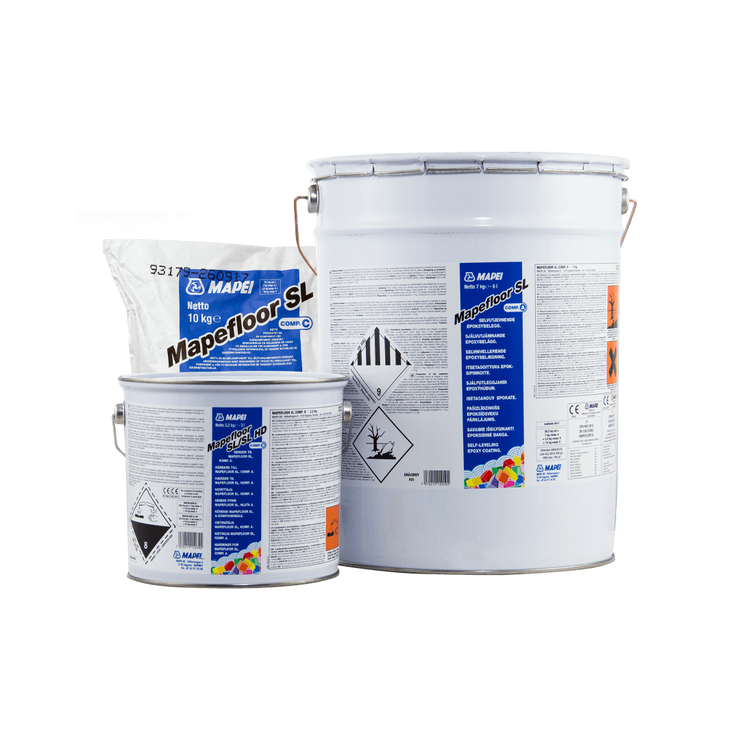 MAPEFLOOR SL GRÅ 31 epoxy product packaging for durable flooring solutions by Nordflo, featuring a 3-component system.
