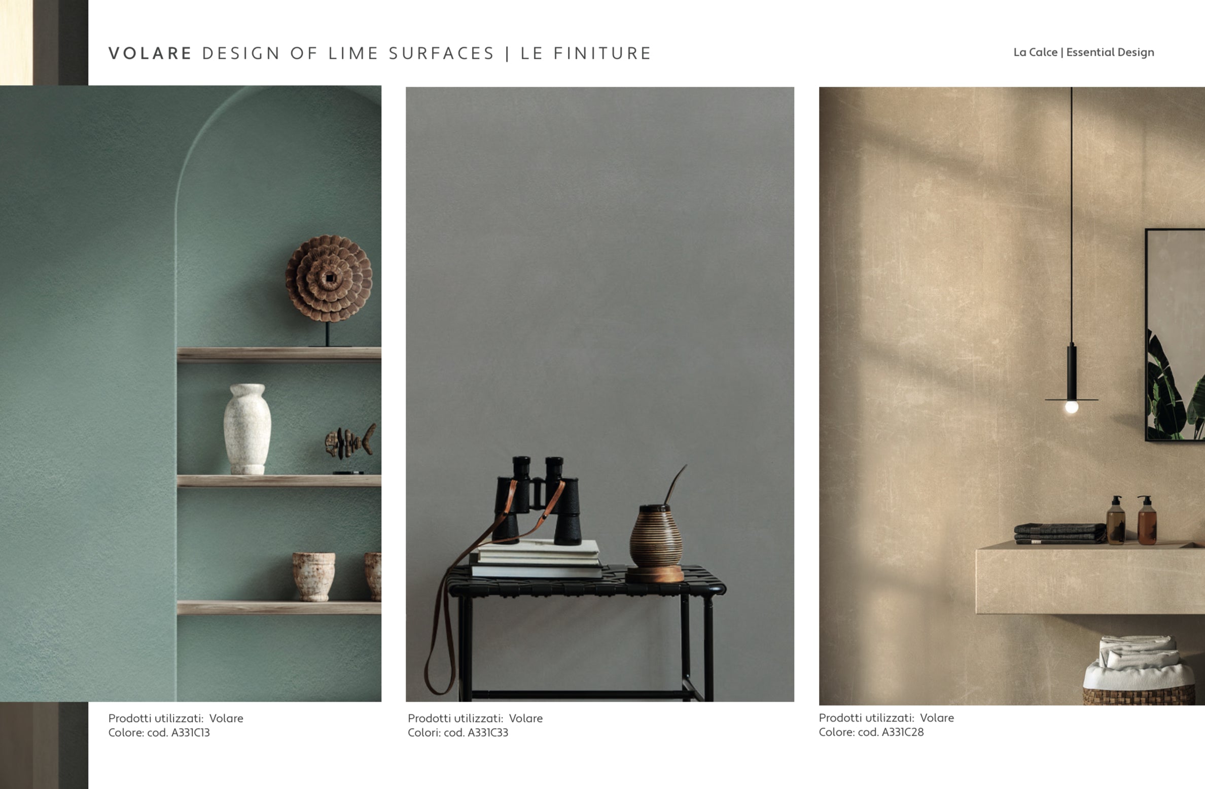 VOLARE decorative mineral plaster showcasing lime surfaces in various colors and finishes from Nordflo.