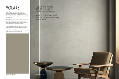 Elegant interior showcasing VOLARE decorative mineral plaster by Nordflo, featuring a warm, minimalistic design.