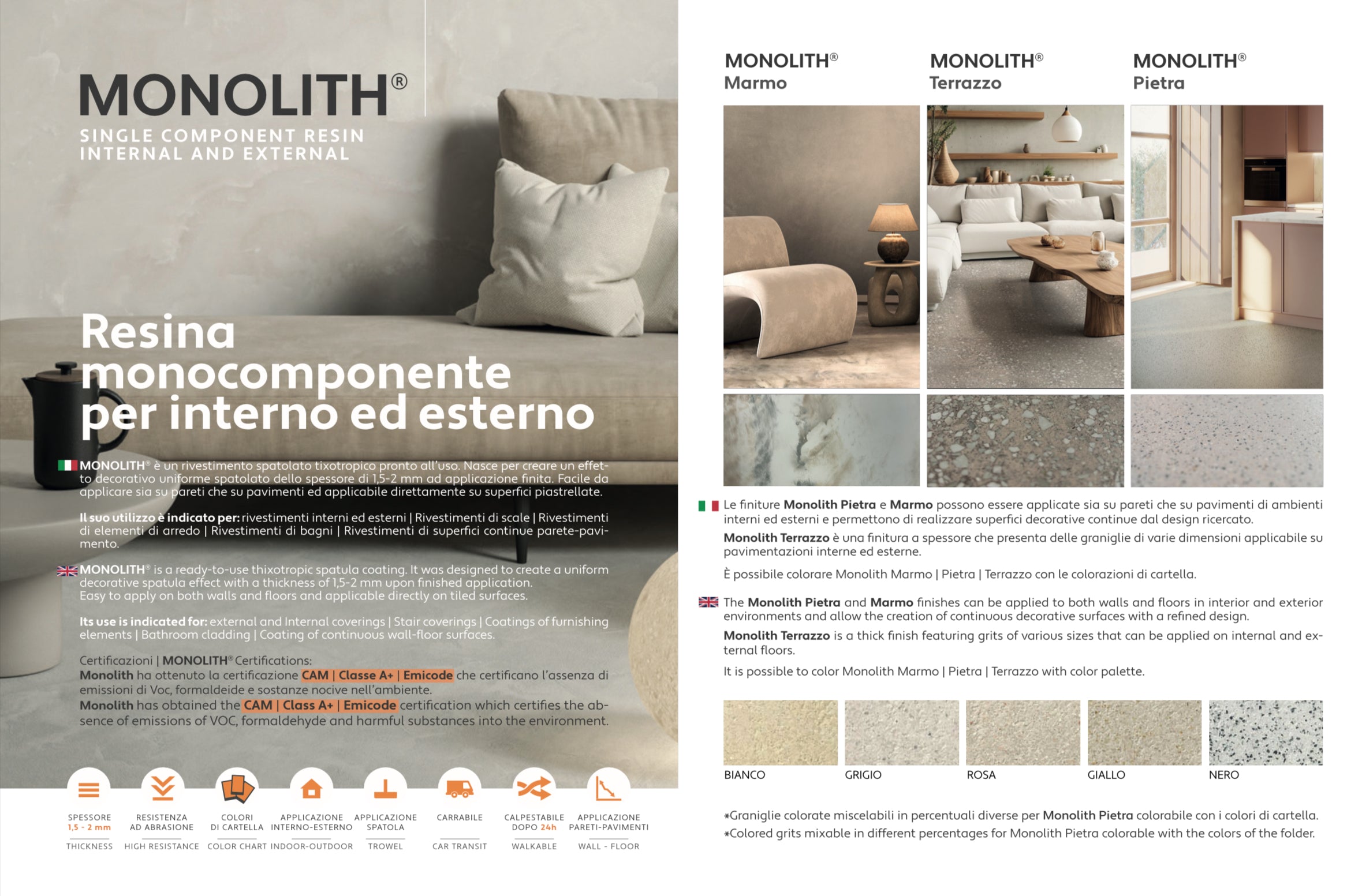 MONOLITH -  NEUTRO GRANA MEDIA NEW 20kg product brochure showcasing versatile resin finishes and applications.