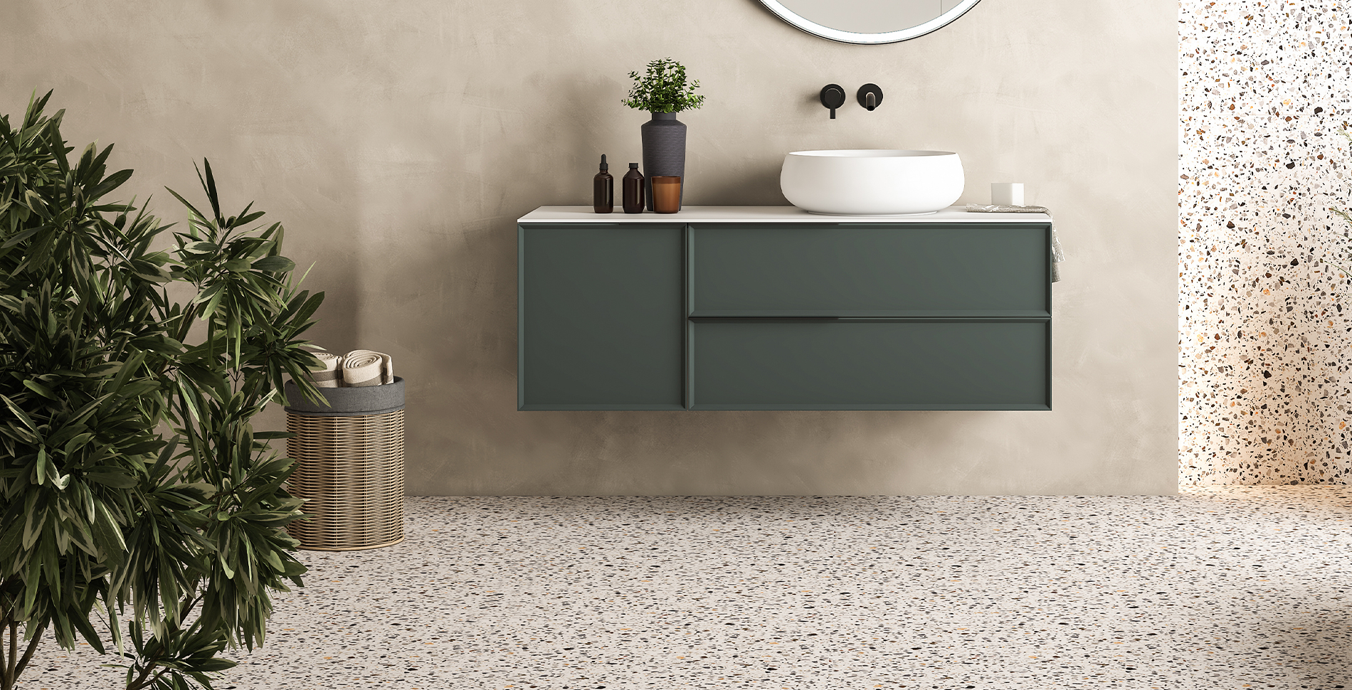 MONOLITH - NEUTRO GRANA MEDIA NEW 20kg on a stylish bathroom wall with modern sink and greenery.
